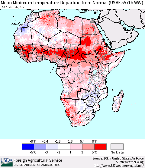 Africa Mean Minimum Temperature Departure from Normal (USAF 557th WW) Thematic Map For 9/20/2021 - 9/26/2021