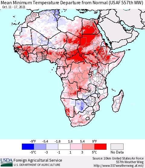 Africa Mean Minimum Temperature Departure from Normal (USAF 557th WW) Thematic Map For 10/11/2021 - 10/17/2021