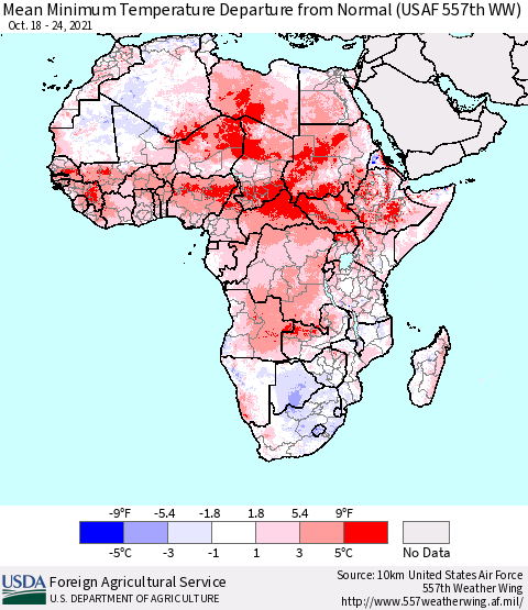 Africa Mean Minimum Temperature Departure from Normal (USAF 557th WW) Thematic Map For 10/18/2021 - 10/24/2021