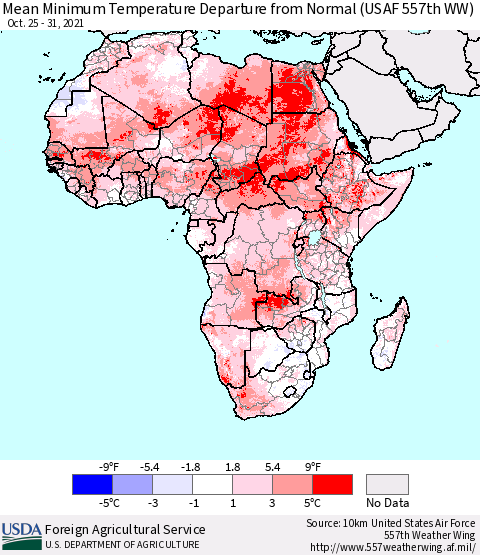 Africa Mean Minimum Temperature Departure from Normal (USAF 557th WW) Thematic Map For 10/25/2021 - 10/31/2021