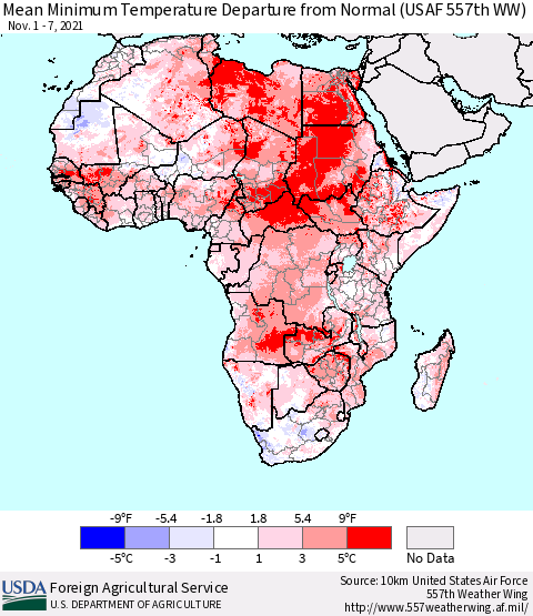 Africa Mean Minimum Temperature Departure from Normal (USAF 557th WW) Thematic Map For 11/1/2021 - 11/7/2021