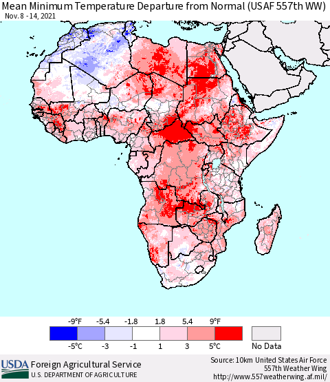 Africa Mean Minimum Temperature Departure from Normal (USAF 557th WW) Thematic Map For 11/8/2021 - 11/14/2021