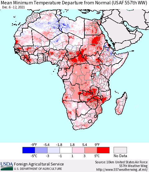 Africa Mean Minimum Temperature Departure from Normal (USAF 557th WW) Thematic Map For 12/6/2021 - 12/12/2021