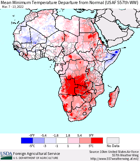 Africa Mean Minimum Temperature Departure from Normal (USAF 557th WW) Thematic Map For 3/7/2022 - 3/13/2022
