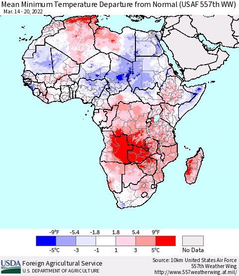Africa Mean Minimum Temperature Departure from Normal (USAF 557th WW) Thematic Map For 3/14/2022 - 3/20/2022