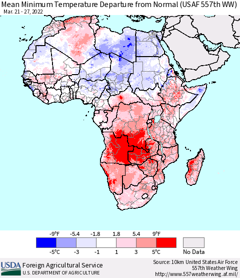 Africa Mean Minimum Temperature Departure from Normal (USAF 557th WW) Thematic Map For 3/21/2022 - 3/27/2022