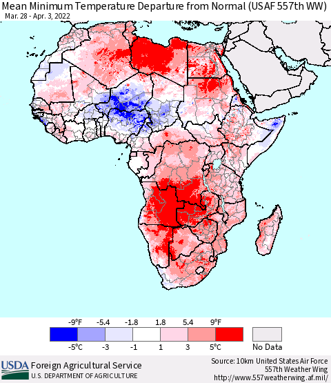 Africa Mean Minimum Temperature Departure from Normal (USAF 557th WW) Thematic Map For 3/28/2022 - 4/3/2022