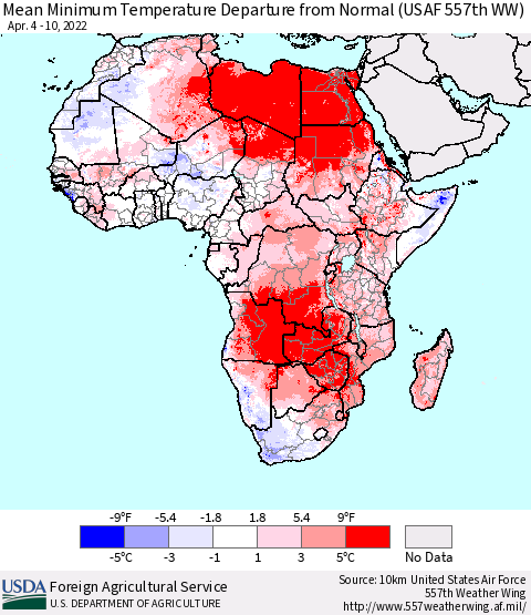 Africa Mean Minimum Temperature Departure from Normal (USAF 557th WW) Thematic Map For 4/4/2022 - 4/10/2022