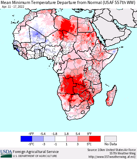Africa Mean Minimum Temperature Departure from Normal (USAF 557th WW) Thematic Map For 4/11/2022 - 4/17/2022