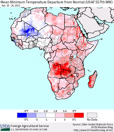 Africa Mean Minimum Temperature Departure from Normal (USAF 557th WW) Thematic Map For 4/18/2022 - 4/24/2022