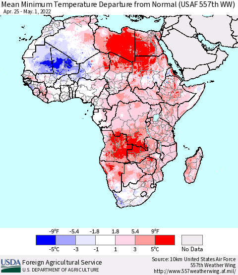 Africa Mean Minimum Temperature Departure from Normal (USAF 557th WW) Thematic Map For 4/25/2022 - 5/1/2022