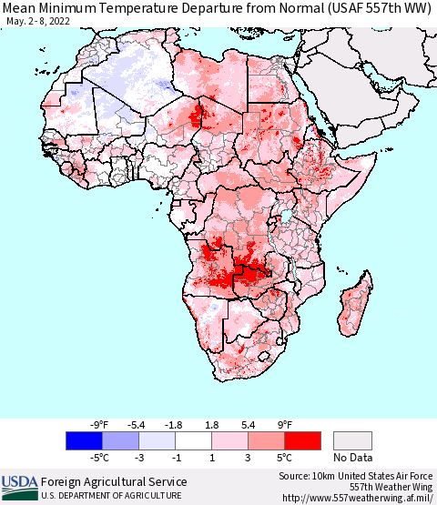 Africa Mean Minimum Temperature Departure from Normal (USAF 557th WW) Thematic Map For 5/2/2022 - 5/8/2022
