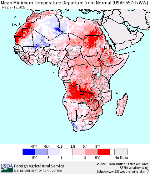 Africa Mean Minimum Temperature Departure from Normal (USAF 557th WW) Thematic Map For 5/9/2022 - 5/15/2022