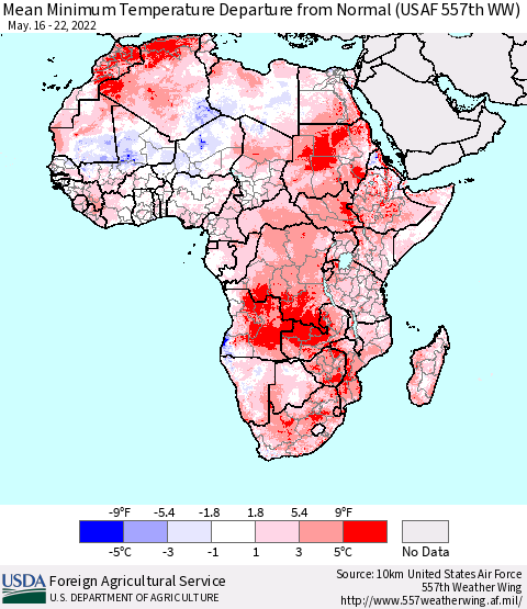 Africa Mean Minimum Temperature Departure from Normal (USAF 557th WW) Thematic Map For 5/16/2022 - 5/22/2022