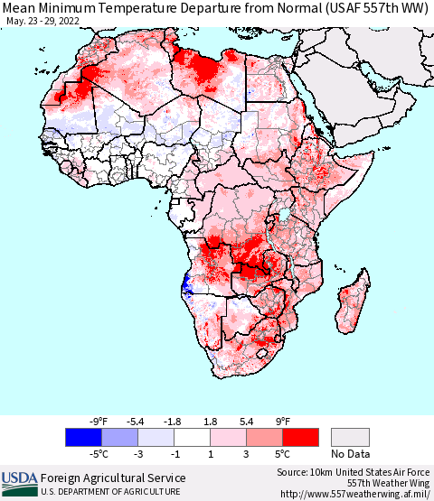 Africa Mean Minimum Temperature Departure from Normal (USAF 557th WW) Thematic Map For 5/23/2022 - 5/29/2022