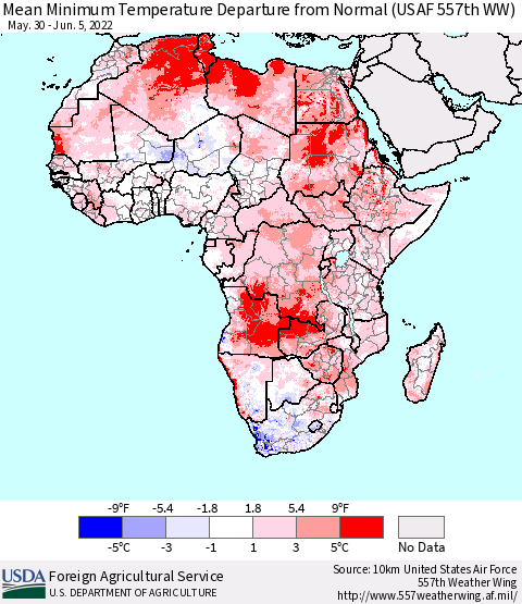 Africa Mean Minimum Temperature Departure from Normal (USAF 557th WW) Thematic Map For 5/30/2022 - 6/5/2022