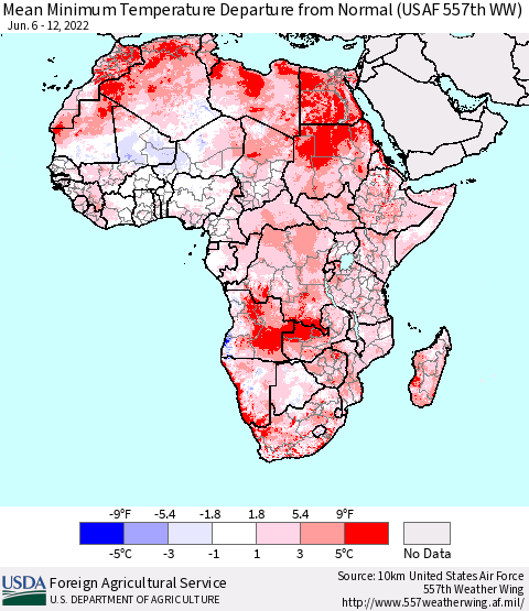 Africa Mean Minimum Temperature Departure from Normal (USAF 557th WW) Thematic Map For 6/6/2022 - 6/12/2022