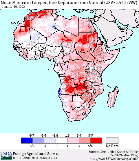 Africa Mean Minimum Temperature Departure from Normal (USAF 557th WW) Thematic Map For 6/13/2022 - 6/19/2022