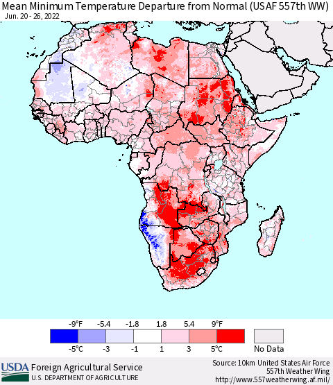 Africa Mean Minimum Temperature Departure from Normal (USAF 557th WW) Thematic Map For 6/20/2022 - 6/26/2022