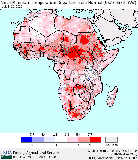 Africa Mean Minimum Temperature Departure from Normal (USAF 557th WW) Thematic Map For 7/4/2022 - 7/10/2022