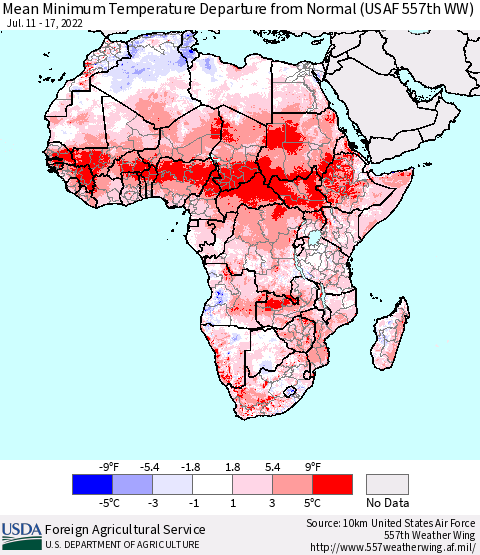 Africa Mean Minimum Temperature Departure from Normal (USAF 557th WW) Thematic Map For 7/11/2022 - 7/17/2022