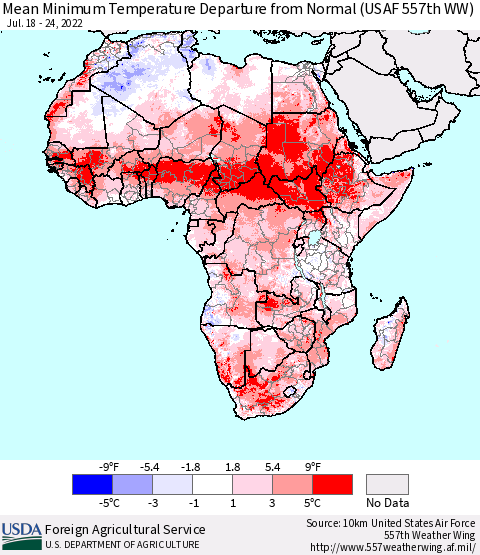 Africa Mean Minimum Temperature Departure from Normal (USAF 557th WW) Thematic Map For 7/18/2022 - 7/24/2022