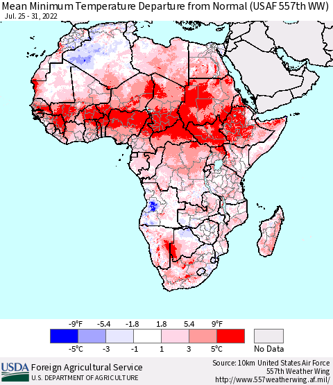 Africa Mean Minimum Temperature Departure from Normal (USAF 557th WW) Thematic Map For 7/25/2022 - 7/31/2022