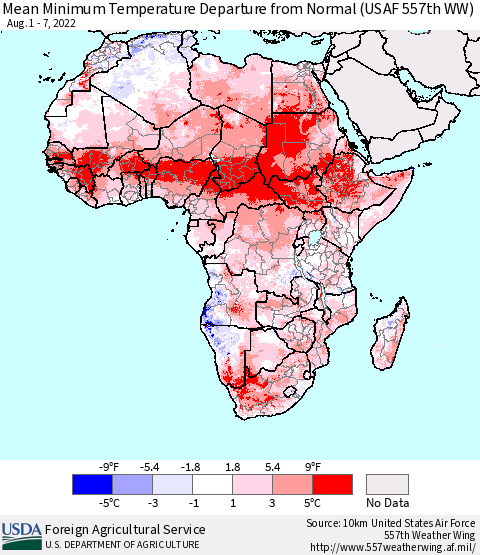 Africa Mean Minimum Temperature Departure from Normal (USAF 557th WW) Thematic Map For 8/1/2022 - 8/7/2022