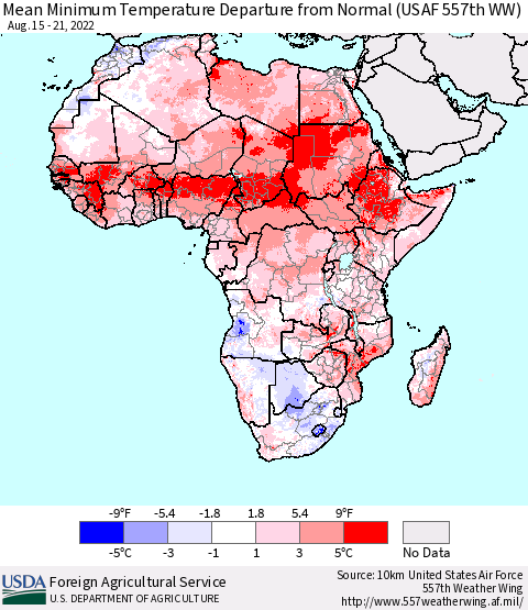 Africa Mean Minimum Temperature Departure from Normal (USAF 557th WW) Thematic Map For 8/15/2022 - 8/21/2022
