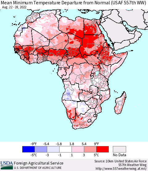 Africa Mean Minimum Temperature Departure from Normal (USAF 557th WW) Thematic Map For 8/22/2022 - 8/28/2022