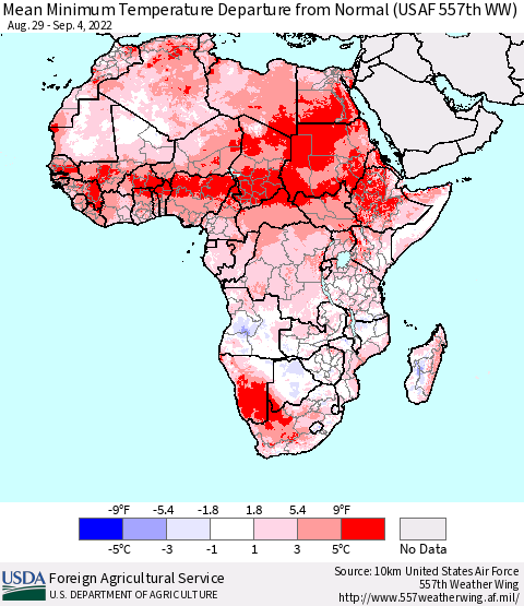 Africa Mean Minimum Temperature Departure from Normal (USAF 557th WW) Thematic Map For 8/29/2022 - 9/4/2022