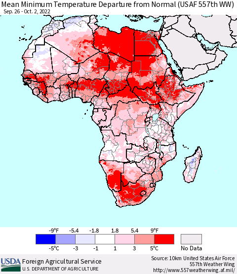 Africa Mean Minimum Temperature Departure from Normal (USAF 557th WW) Thematic Map For 9/26/2022 - 10/2/2022