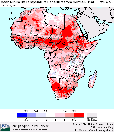 Africa Mean Minimum Temperature Departure from Normal (USAF 557th WW) Thematic Map For 10/3/2022 - 10/9/2022