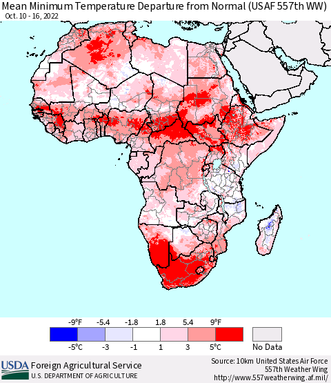 Africa Mean Minimum Temperature Departure from Normal (USAF 557th WW) Thematic Map For 10/10/2022 - 10/16/2022