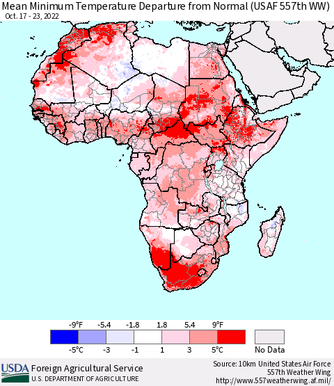 Africa Mean Minimum Temperature Departure from Normal (USAF 557th WW) Thematic Map For 10/17/2022 - 10/23/2022