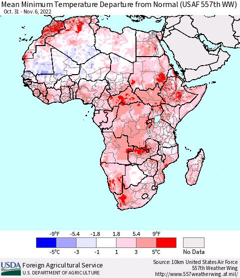 Africa Mean Minimum Temperature Departure from Normal (USAF 557th WW) Thematic Map For 10/31/2022 - 11/6/2022