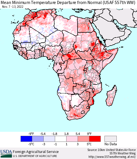 Africa Mean Minimum Temperature Departure from Normal (USAF 557th WW) Thematic Map For 11/7/2022 - 11/13/2022
