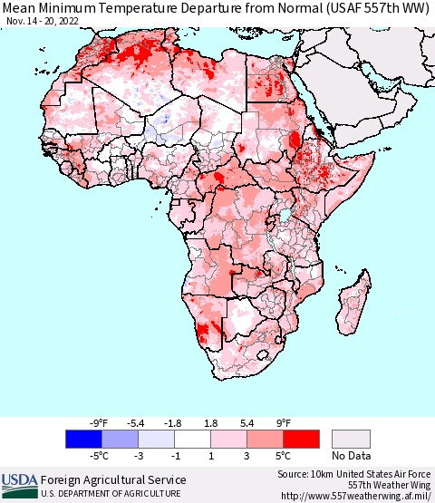 Africa Mean Minimum Temperature Departure from Normal (USAF 557th WW) Thematic Map For 11/14/2022 - 11/20/2022