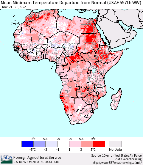 Africa Mean Minimum Temperature Departure from Normal (USAF 557th WW) Thematic Map For 11/21/2022 - 11/27/2022