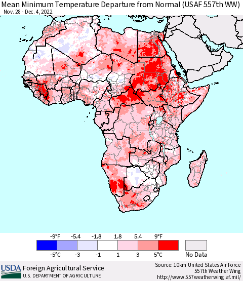 Africa Mean Minimum Temperature Departure from Normal (USAF 557th WW) Thematic Map For 11/28/2022 - 12/4/2022