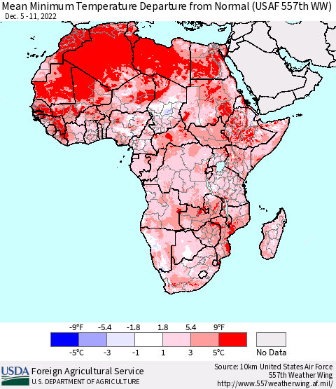 Africa Mean Minimum Temperature Departure from Normal (USAF 557th WW) Thematic Map For 12/5/2022 - 12/11/2022