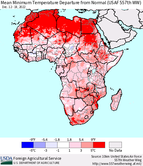 Africa Mean Minimum Temperature Departure from Normal (USAF 557th WW) Thematic Map For 12/12/2022 - 12/18/2022