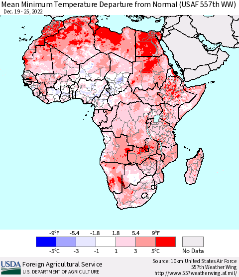 Africa Mean Minimum Temperature Departure from Normal (USAF 557th WW) Thematic Map For 12/19/2022 - 12/25/2022
