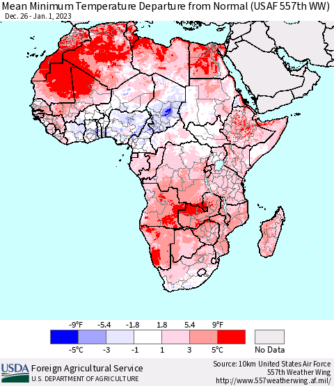 Africa Mean Minimum Temperature Departure from Normal (USAF 557th WW) Thematic Map For 12/26/2022 - 1/1/2023