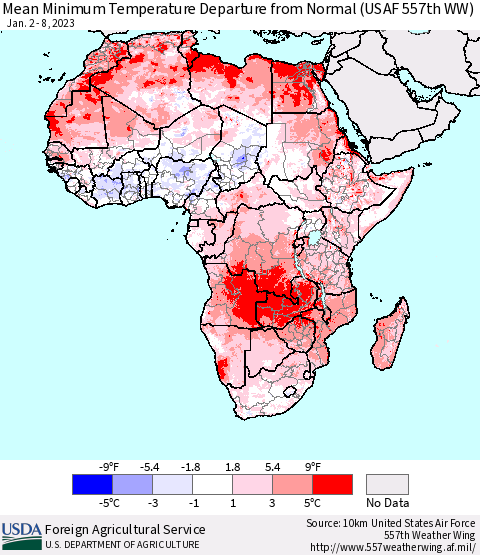 Africa Mean Minimum Temperature Departure from Normal (USAF 557th WW) Thematic Map For 1/2/2023 - 1/8/2023