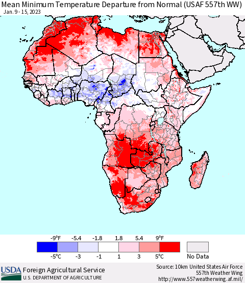 Africa Mean Minimum Temperature Departure from Normal (USAF 557th WW) Thematic Map For 1/9/2023 - 1/15/2023