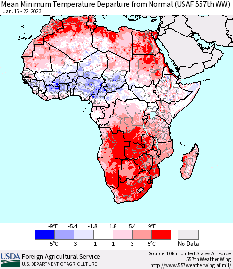 Africa Mean Minimum Temperature Departure from Normal (USAF 557th WW) Thematic Map For 1/16/2023 - 1/22/2023
