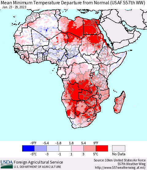 Africa Mean Minimum Temperature Departure from Normal (USAF 557th WW) Thematic Map For 1/23/2023 - 1/29/2023
