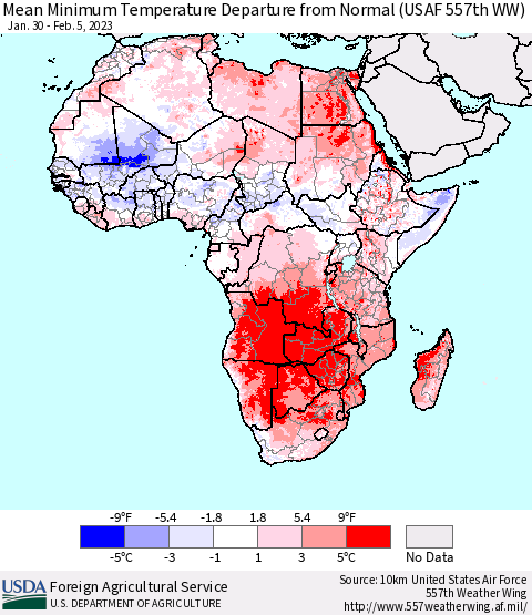 Africa Mean Minimum Temperature Departure from Normal (USAF 557th WW) Thematic Map For 1/30/2023 - 2/5/2023