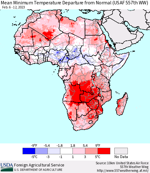 Africa Mean Minimum Temperature Departure from Normal (USAF 557th WW) Thematic Map For 2/6/2023 - 2/12/2023